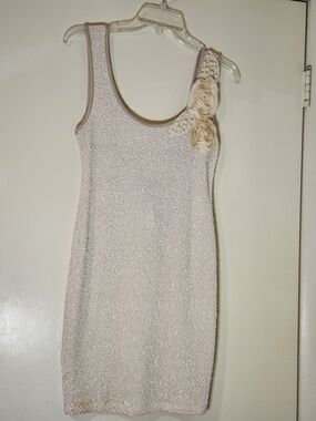 Body Central One-Shoulder Cream Beaded Dress with Rosette Accent